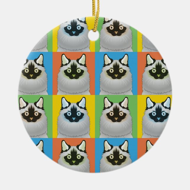 Ragdoll Cat Cartoon Pop-Art (Seal-Point) Ceramic Tree Decoration (Front)
