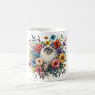 Ragdoll Cat Colorful Flower Portrait Coffee Mug