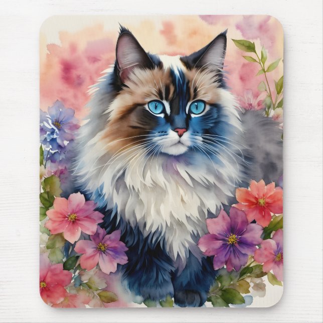 Ragdoll Cat Floral Art Mouse Pad (Front)
