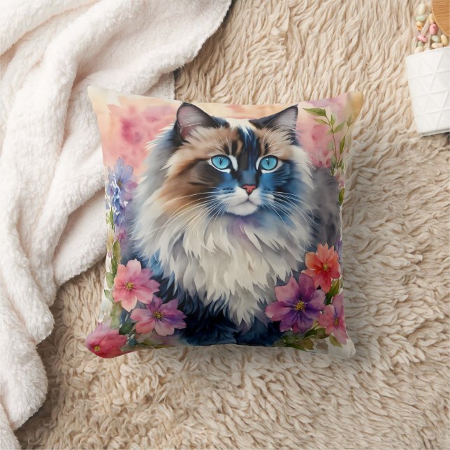 Ragdoll Cat Floral Portrait Art Cushion (Blanket)