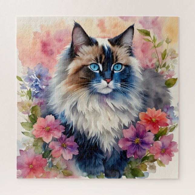 Ragdoll Cat Floral Portrait Art Jigsaw Puzzle (Vertical)