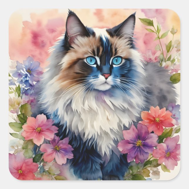 Ragdoll Cat Floral Portrait Art Square Sticker (Front)