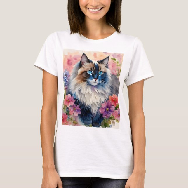 Ragdoll Cat Floral Portrait Art T-Shirt (Front)