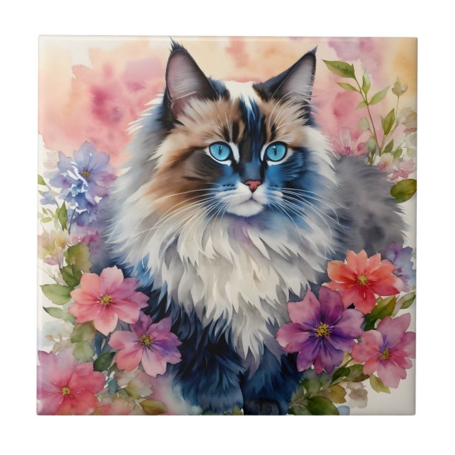 Ragdoll Cat Floral Portrait Ceramic Tile (Front)