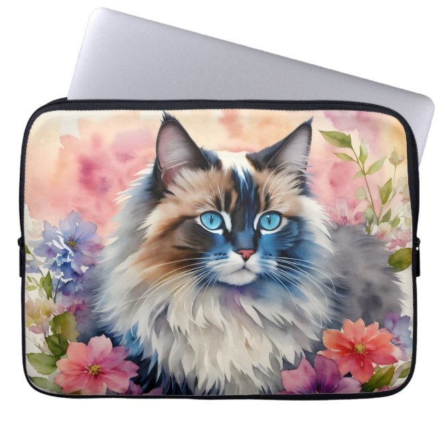 Ragdoll Cat Floral Portrait Laptop Sleeve (Front)