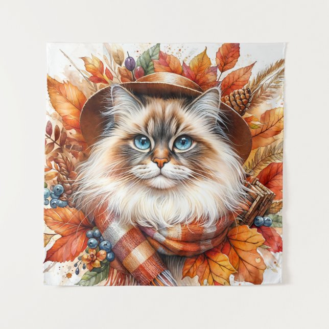 Ragdoll Cat In Autumn With Scarf Tapestry (Front)