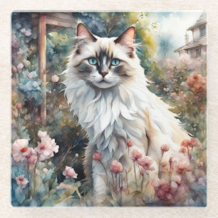 Ragdoll Cat in English Garden Glass Coaster