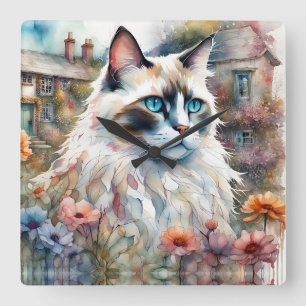 Ragdoll Cat in English Garden Square Wall Clock
