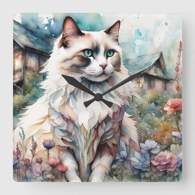 Ragdoll Cat in English Garden Square Wall Clock (Front)