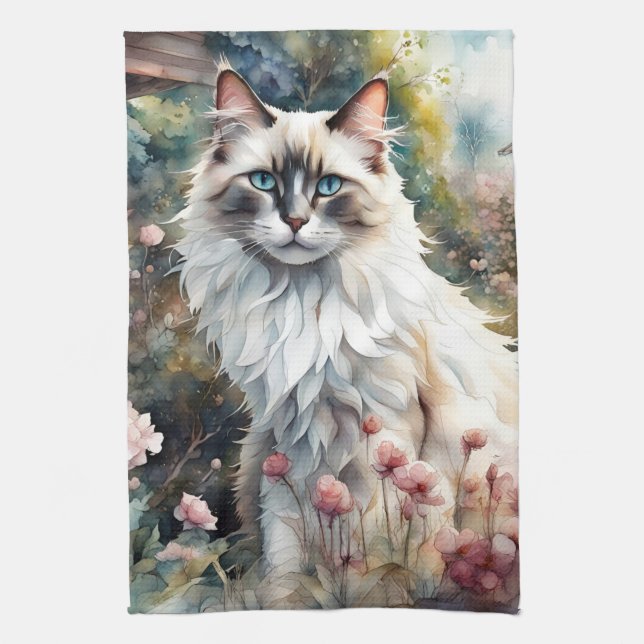 Ragdoll Cat in English Garden Tea Towel (Vertical)