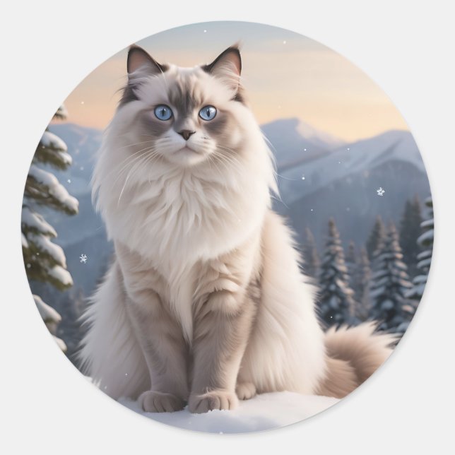 Ragdoll Cat on Snowy Mountain with Serene Winter Classic Round Sticker (Front)