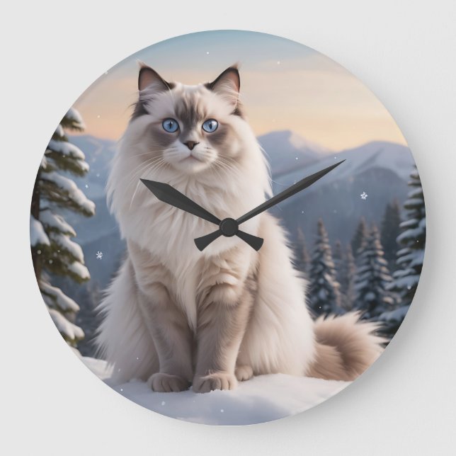 Ragdoll Cat on Snowy Mountain with Serene Winter Large Clock (Front)