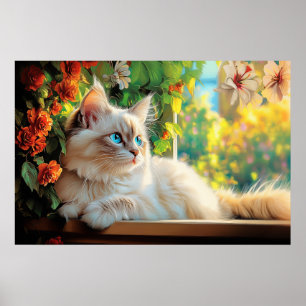 Ragdoll cat portrait with flowers poster
