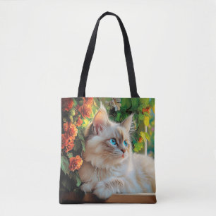 Ragdoll cat portrait with flowers tote bag