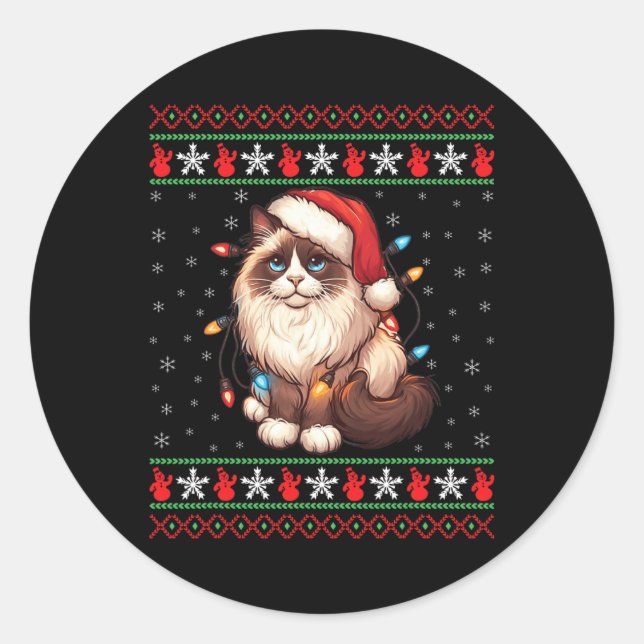 Ragdoll Cat Ugly Christmas Ragdoll Cat Xmas Lighti Classic Round Sticker (Front)