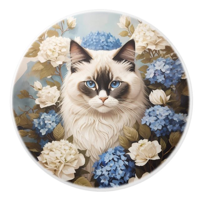 Ragdoll Cat With Blue Hydrangea Flowers Ceramic Knob (Front)