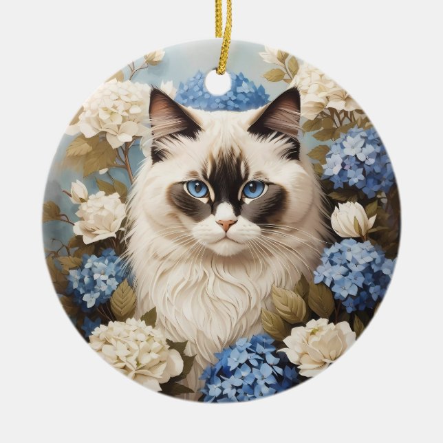 Ragdoll Cat With Blue Hydrangea Flowers Ceramic Ornament (Front)