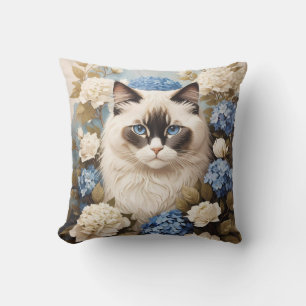 Ragdoll Cat With Blue Hydrangea Flowers Cushion