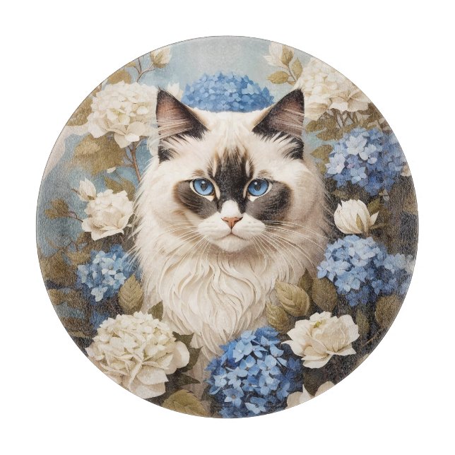 Ragdoll Cat With Blue Hydrangea Flowers Cutting Board (Front)