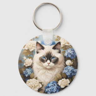 Ragdoll Cat With Blue Hydrangea Flowers Key Ring