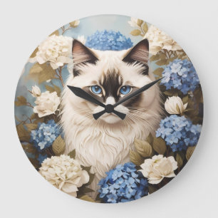 Ragdoll Cat With Blue Hydrangea Flowers Large Clock