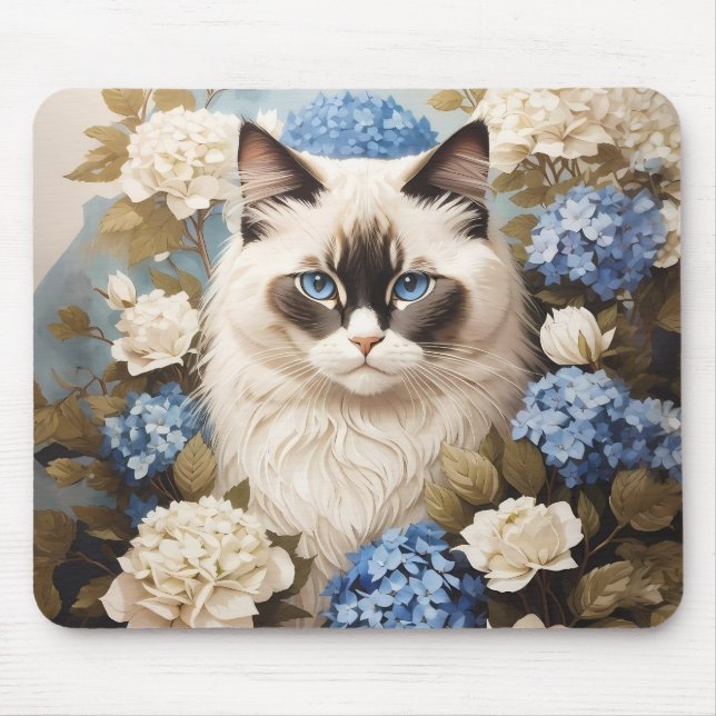 Ragdoll Cat With Blue Hydrangea Flowers Mouse Pad (Front)