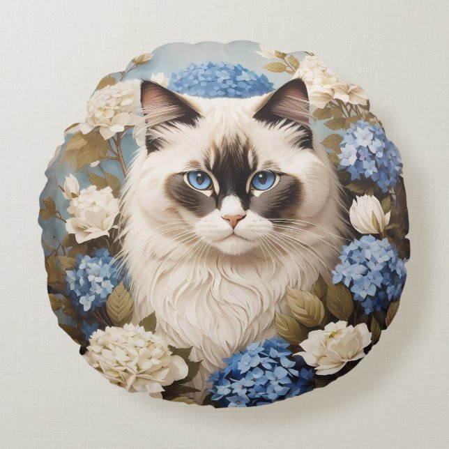 Ragdoll Cat With Blue Hydrangea Flowers Round Cushion (Front)