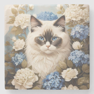 Ragdoll Cat With Blue Hydrangea Flowers Stone Coaster