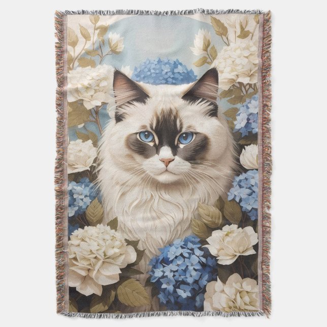 Ragdoll Cat With Blue Hydrangea Flowers Throw Blanket (Front Vertical)