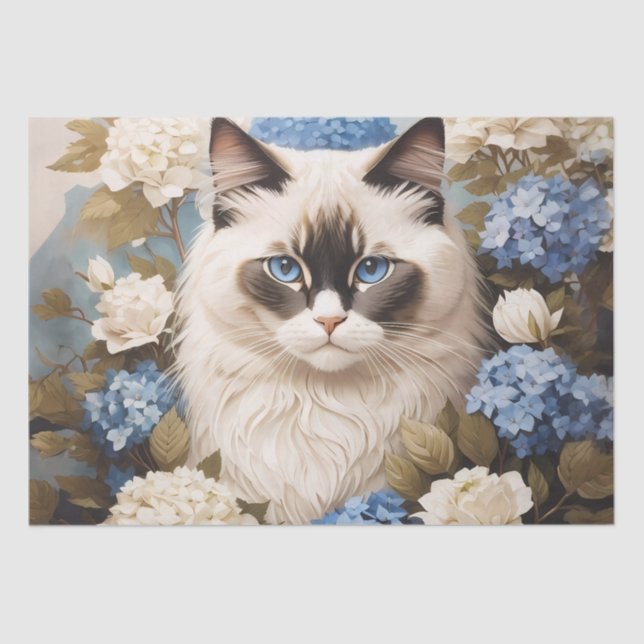 Ragdoll Cat With Blue Hydrangea Flowers Tissue Paper (Front)