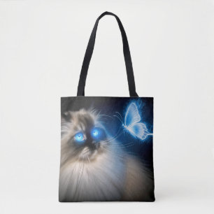 Ragdoll Cat With Blue Neon Butterfly Tote Bag
