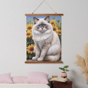 Ragdoll Cat with Flowers Whimsical Pet Hanging Tapestry