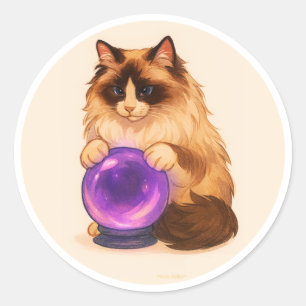 Ragdoll cat with purple crystal ball classic round sticker