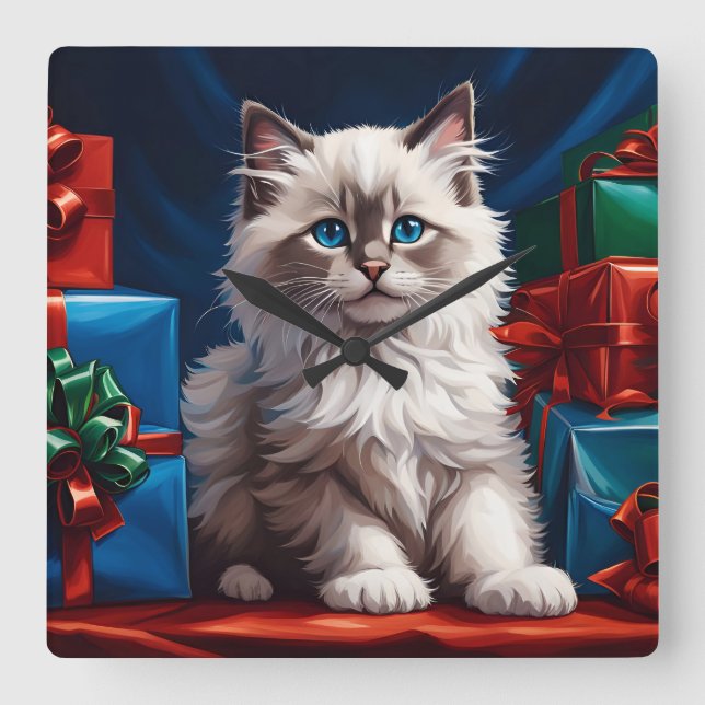 Ragdoll Kitten Christmas Present  Square Wall Clock (Front)