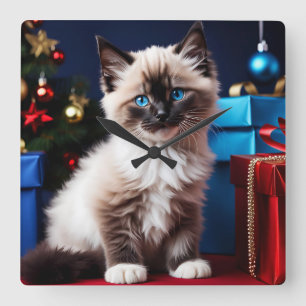 Ragdoll Kitten Christmas Present Square Wall Clock