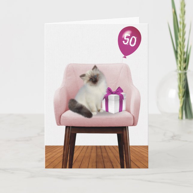 Ragdoll Kitten With 50th Birthday Balloon  Card (Front)