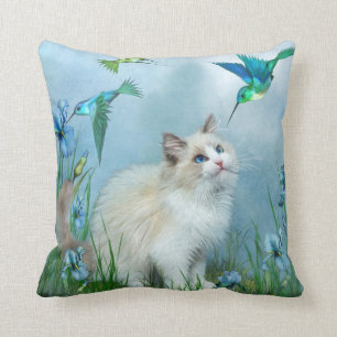 Ragdoll Kitty And Hummingbirds Art Designer Pillow