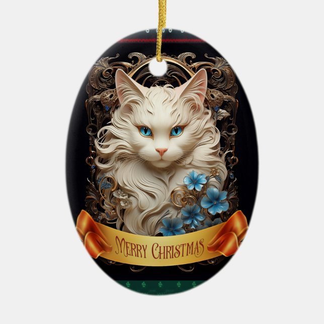 Ragdool White Cat Art nouveau style Ceramic Ornament (Front)