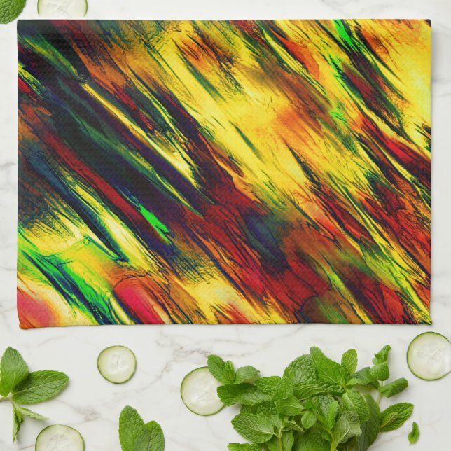 Raged stained from red to yellow, a little green  tea towel (Folded)