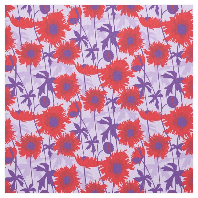 Ragged poppies red purple floral graphic fabric (Swatch)