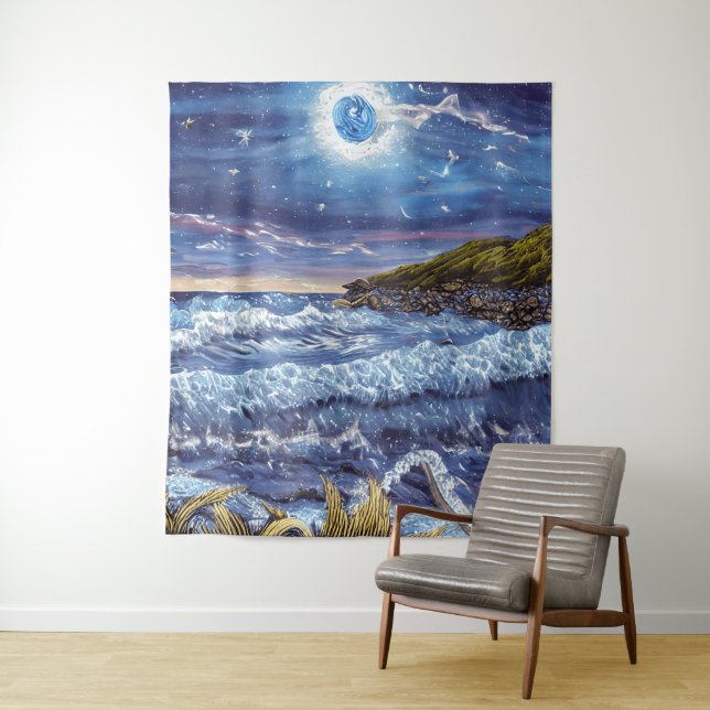 Raging Waves Midnight Sky Tapestry (In Situ)