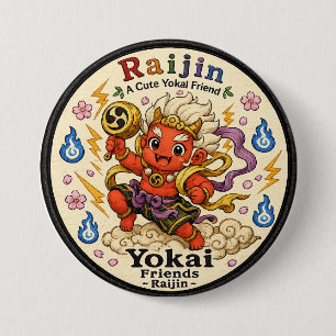 Raijin Japanese Yokai Pin Button, Cute Thunder God