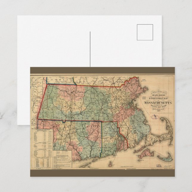 Rail Road & Township Map of Massachusetts, 1879 Postcard (Front/Back)