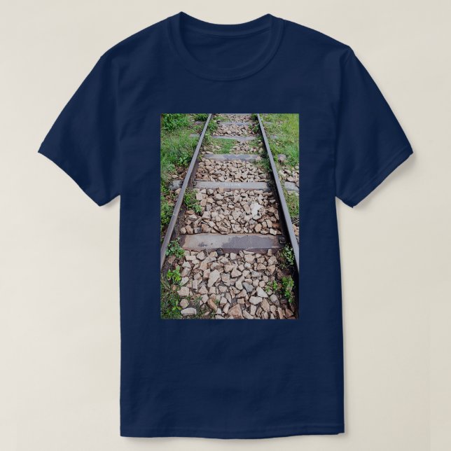 Rail track with metal sleepers and ballast stones T-Shirt (Design Front)