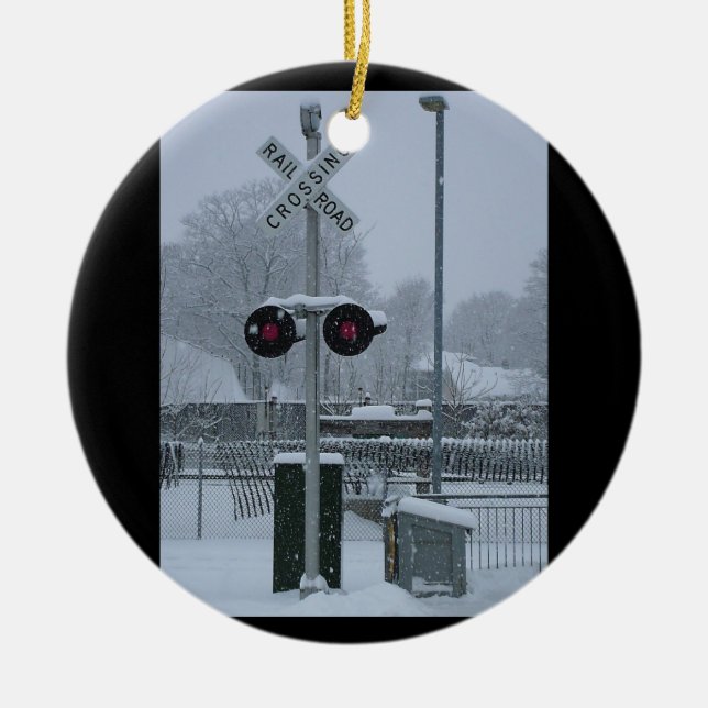 Railroad Crossing (blue) Ceramic Ornament (Front)