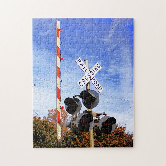 Railroad Crossing With Beautiful Blue Skies Jigsaw Puzzle (Vertical)