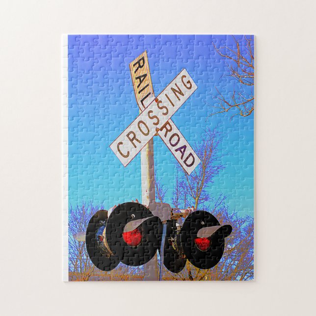 Railroad Crossing With Bent Crossbuck Jigsaw Puzzle (Vertical)