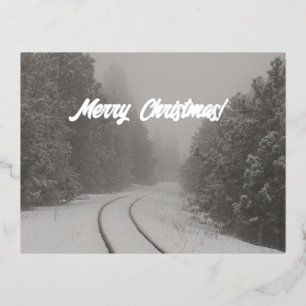 Railroad Track in Snowy Woods Merry Christmas  Foil Holiday Postcard
