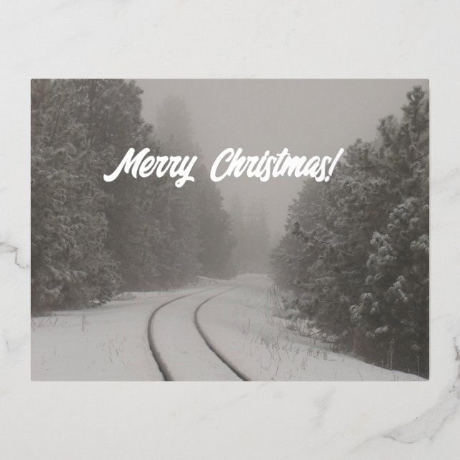 Railroad Track in Snowy Woods Merry Christmas  Foil Holiday Postcard (Front)