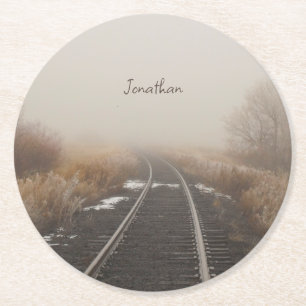 Railroad Tracks Foggy Winter Scenery Personalized Round Paper Coaster
